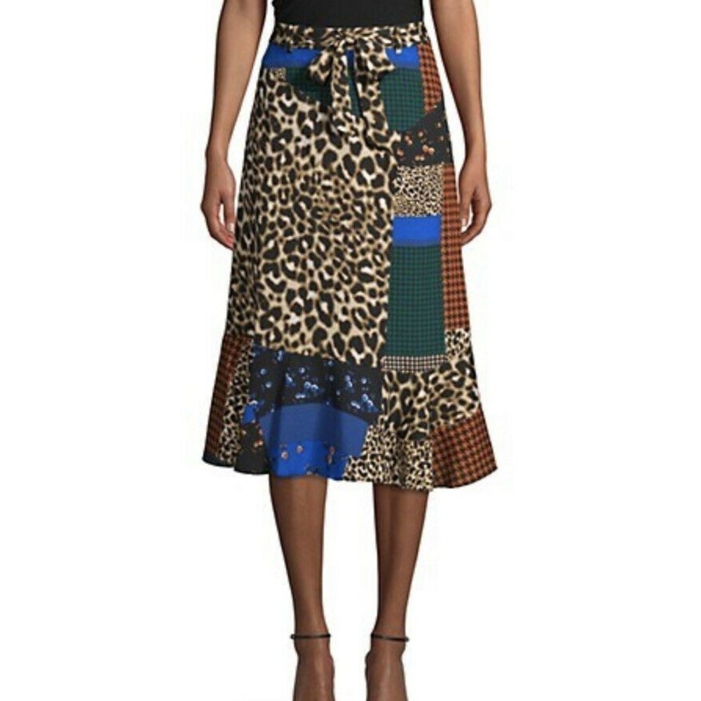 Calvin Klein Patchwork Belted Skirt A Line Skirt Sz 2 NWT Leopard Floral